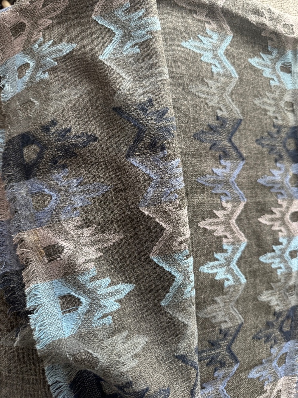NWOT, ROLLER RABBIT, STUNNING, GRAY WOOL SCARF WITH GREAT BORDER PATTERN